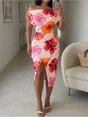 One-Shoulder Floral Midi Dress in Pink and Orange
